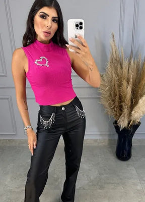 Calça Resinada Wide Leg Pedrarias - Preta