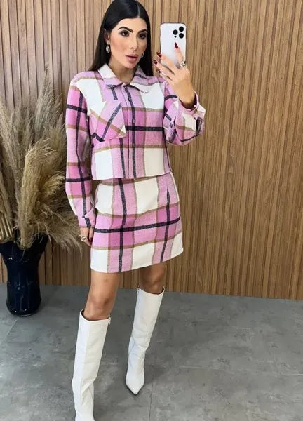 Conjunto Paris Xadrez Flanelado - Rosa