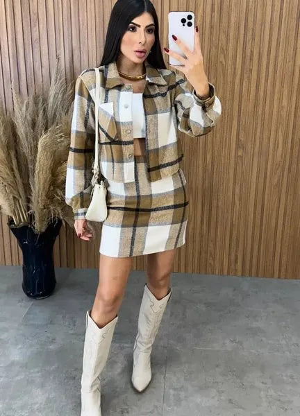 Conjunto Paris Xadrez Flanelado - Caramelo