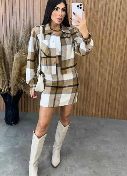 Conjunto Paris Xadrez Flanelado - Caramelo