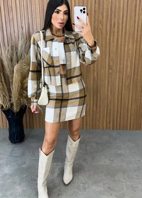 Conjunto Paris Xadrez Flanelado - Caramelo