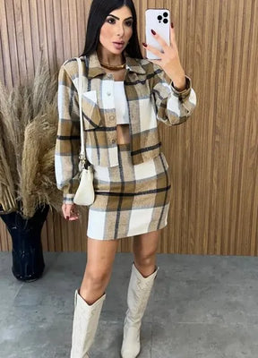 Conjunto Paris Xadrez Flanelado - Caramelo