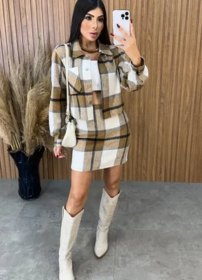 Conjunto Paris Xadrez Flanelado - Caramelo