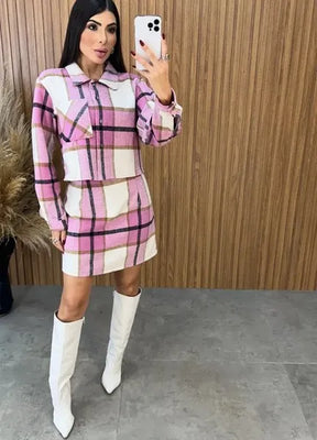Conjunto Paris Xadrez Flanelado - Rosa