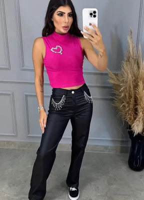 Calça Resinada Wide Leg Pedrarias - Preta